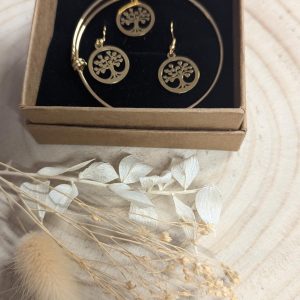 Coffret bijou acier doré arbre de vie rond